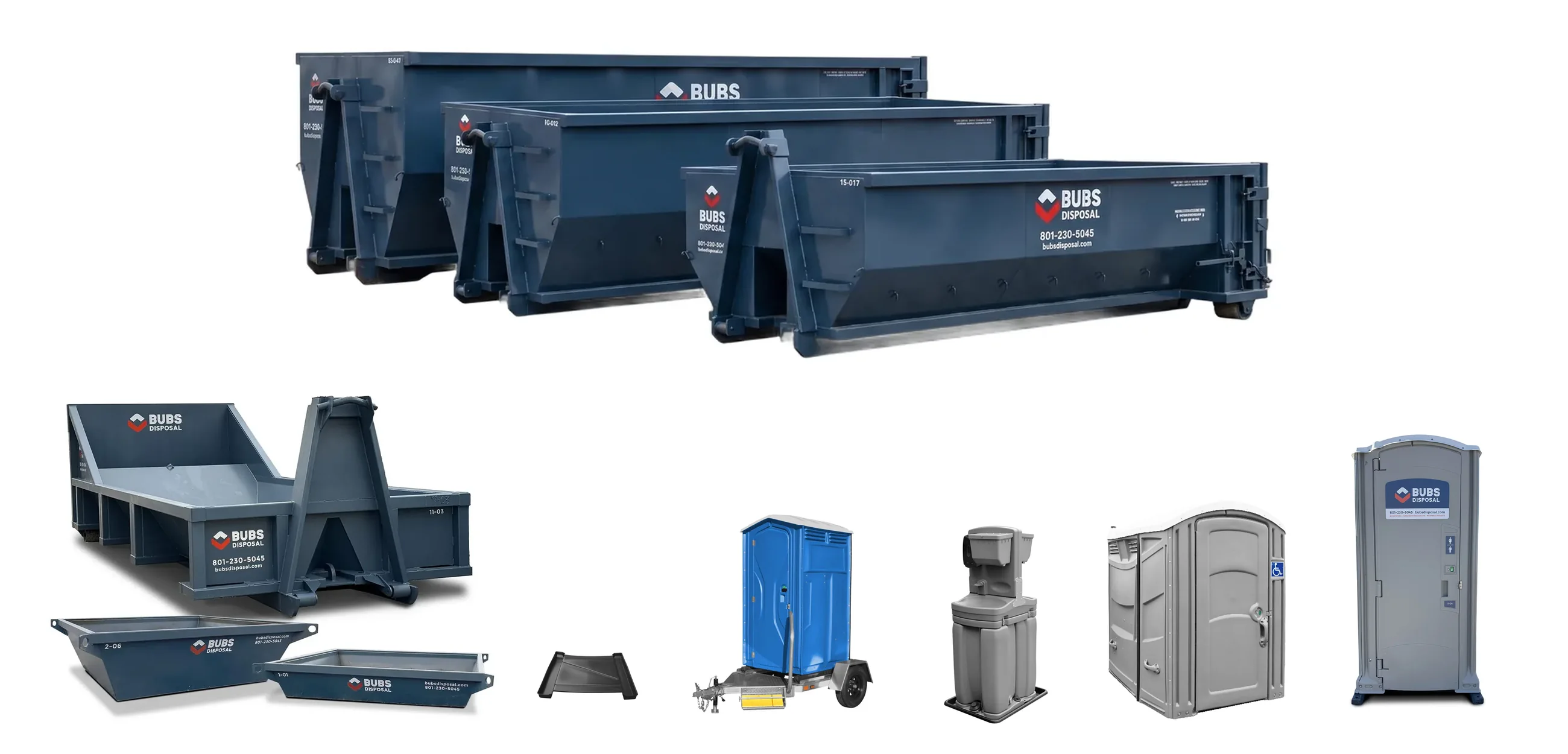 The full Bubs Disposal lineup: three dumpster sizes, concrete washouts, portable toilets and accessories