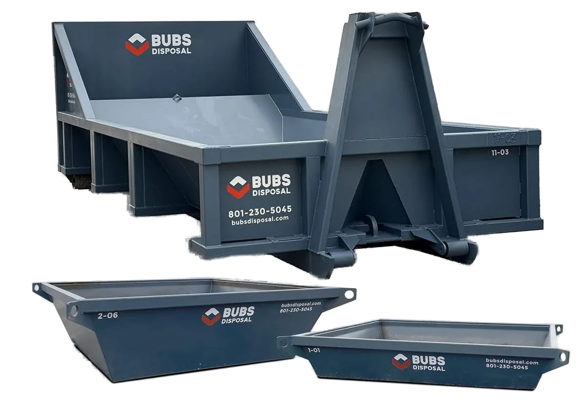 Bubs Disposal concrete washout lineup of 1.5 and 2.5 yard pans and an 11 yard roll-off