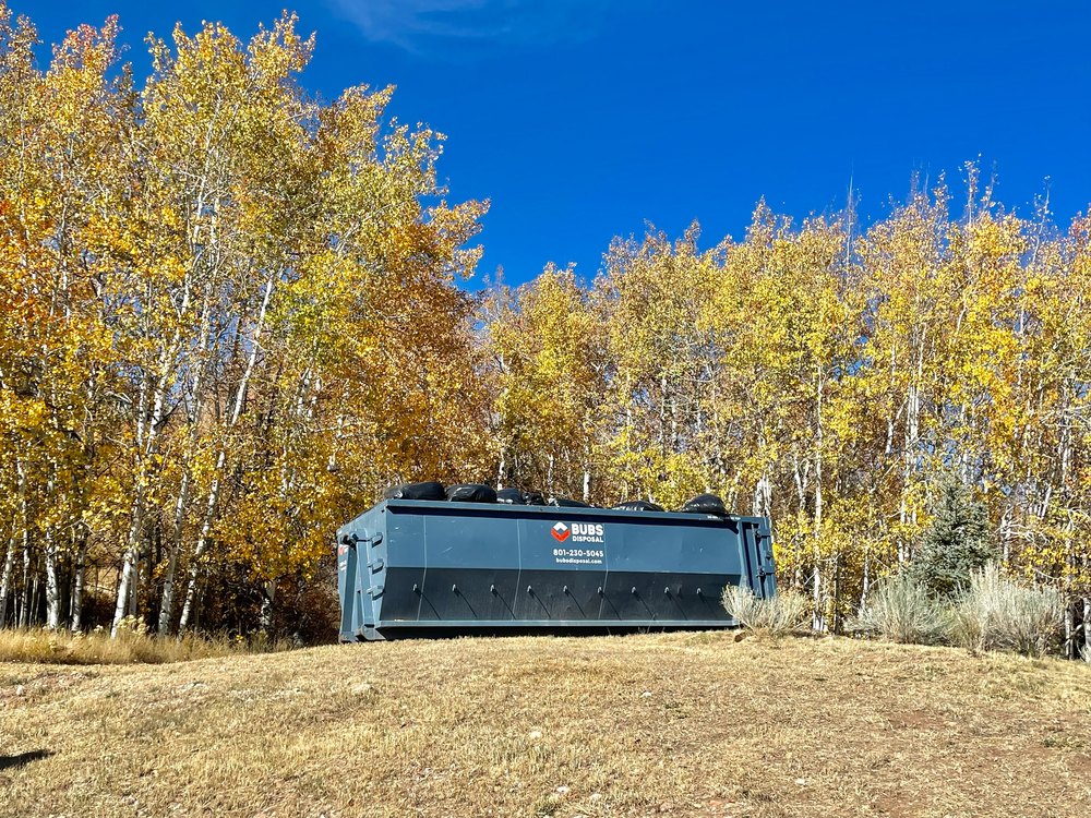 Bubs Disposal dumpster parked among fall aspens in Utah