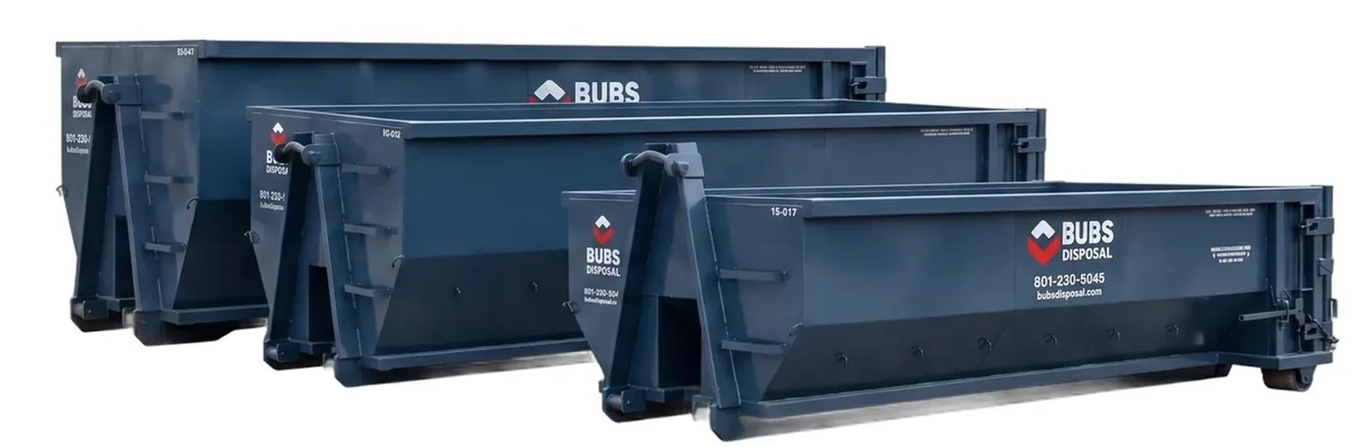 Bubs Disposal 15, 20, and 30 yard roll-off dumpsters side by side